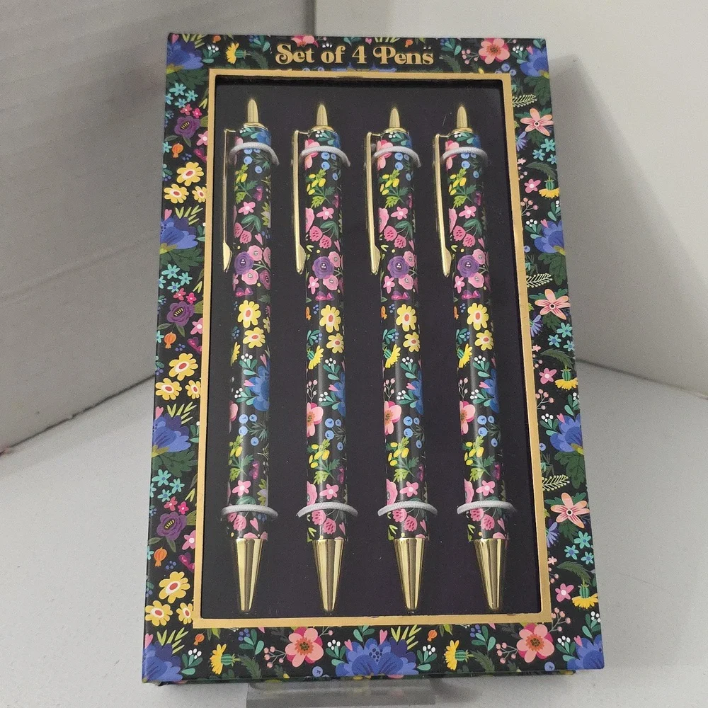 James Burke Black Floral Pen Set - Set of 4, NIB